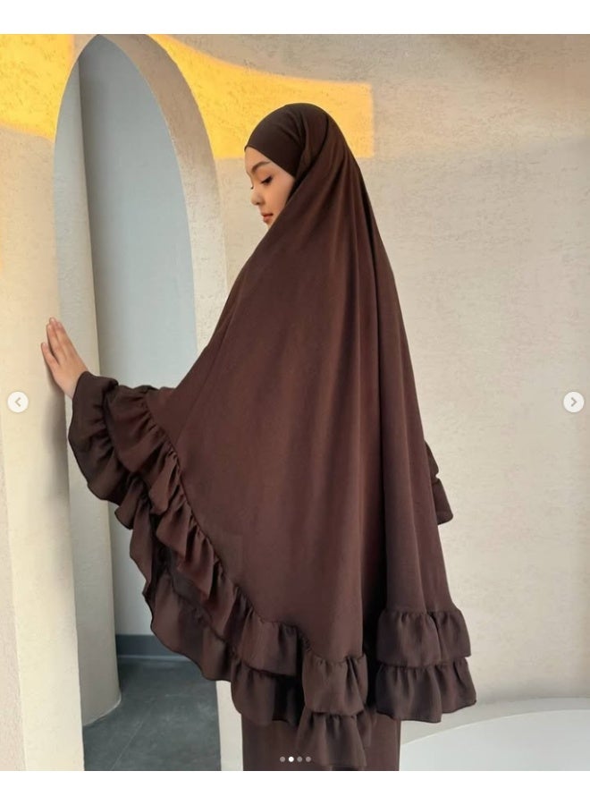 مجموعة رداء مسلم طويل بقصّة الأكمام المخططة وشال الرأس، ارتداء أنيق وعفوي للاستجابة، تشمل التنورة والشال - Image 2