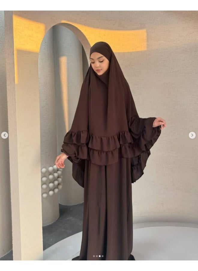 مجموعة رداء مسلم طويل بقصّة الأكمام المخططة وشال الرأس، ارتداء أنيق وعفوي للاستجابة، تشمل التنورة والشال - Image 4