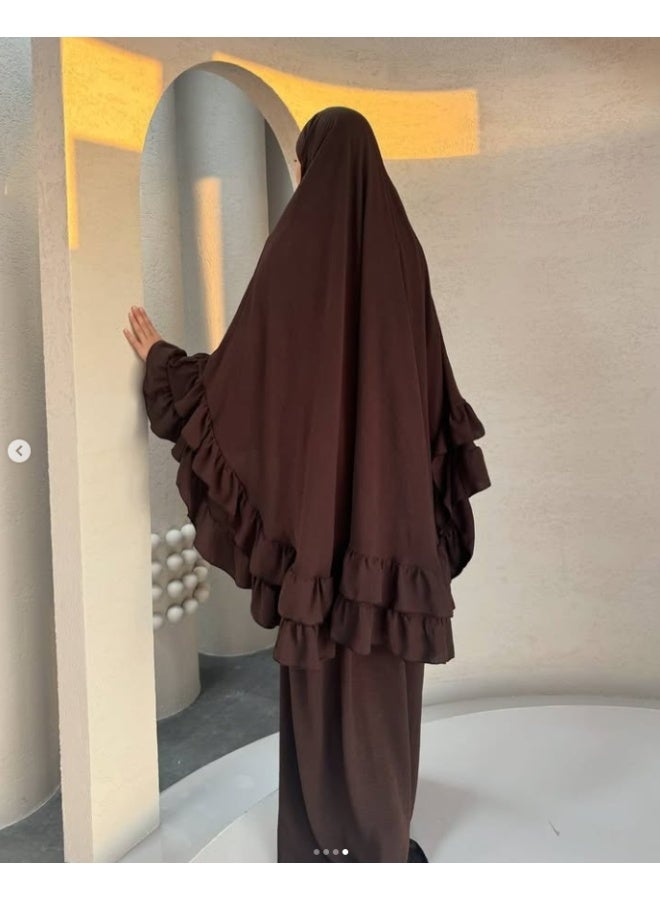 مجموعة رداء مسلم طويل بقصّة الأكمام المخططة وشال الرأس، ارتداء أنيق وعفوي للاستجابة، تشمل التنورة والشال - Image 1