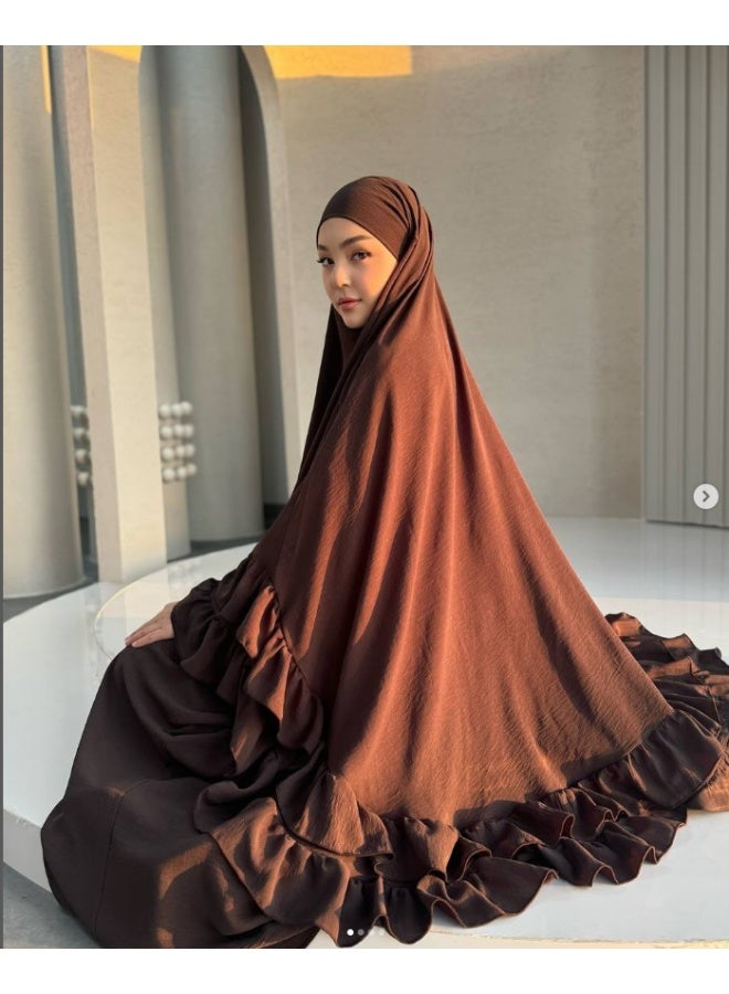 مجموعة رداء مسلم طويل بقصّة الأكمام المخططة وشال الرأس، ارتداء أنيق وعفوي للاستجابة، تشمل التنورة والشال - Image 5
