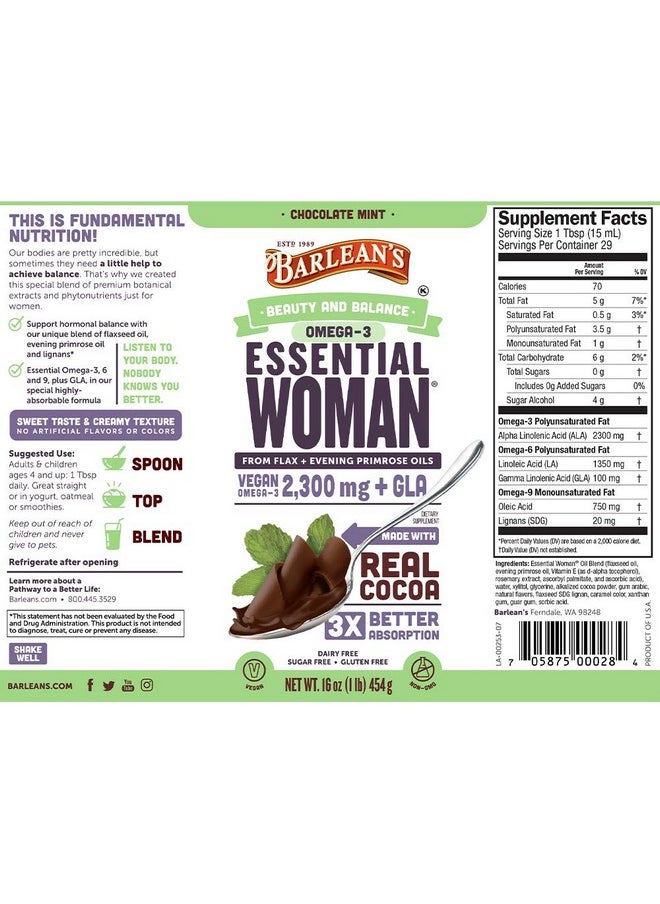 BARLEAN'S - Essential Woman Chocolate Mint Liquid Supplement From Flaxseed Evening Primrose Oil & Soy Isoflavones Omega 3 6 9 And Gla Hormonal Balance & Healthy Hair And Skin 16 Oz - Image 1