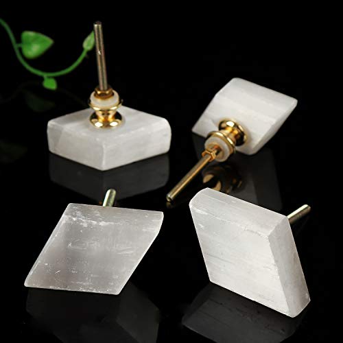 AMOYSTONE 4Pack White Drawer Knobs Natural Selenite Stone Dresser Knobs Handle Pulls Cabinet Cupboard Kitchen Door Knobs Nursery Kids, 30mm Screw - Image 1
