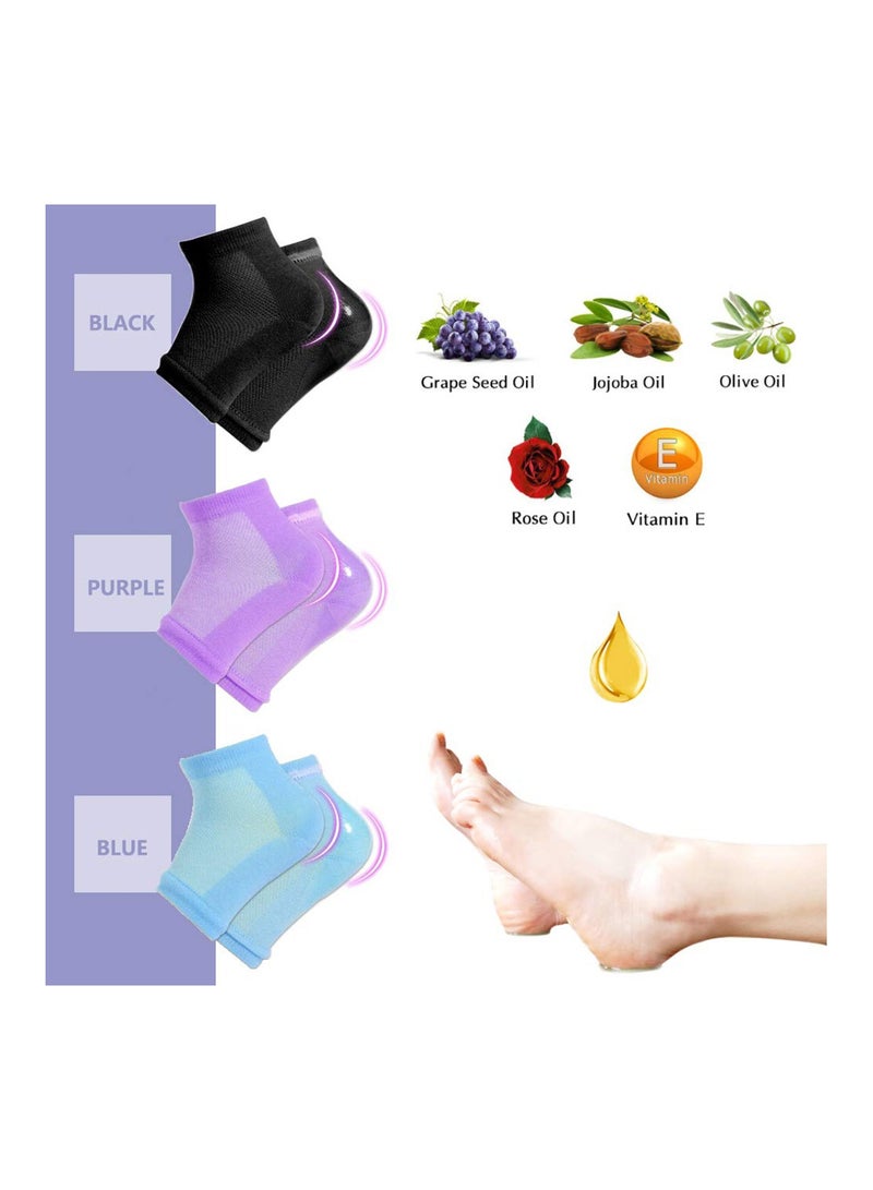 SYOSI Moisturizing Heel Socks Gel Lined Toeless Spa Socks Day Night to Heal and Treat Dry Hard Cracked Heel Damaged Cuticles and Calluses Skin Blue Purple Black 3 Pairs - Image 4