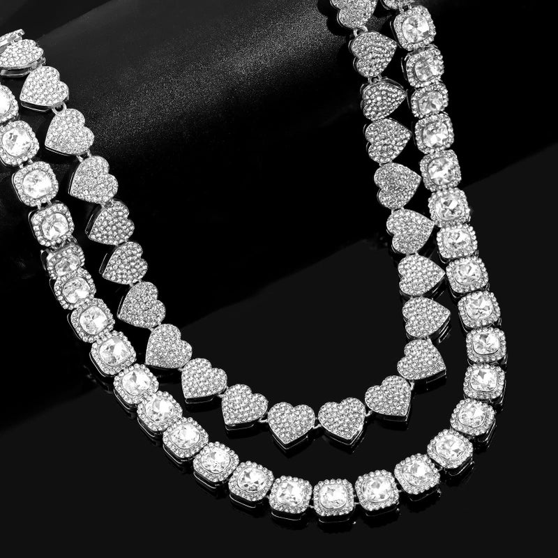 shopbyskyler Women's 18+20'' Zinc Necklace, Clustered Diamond Tennis Chain & Heart Necklace Set, Hip Hop Jewelry, Gold, Cuban Link, for Female, Gifts - Image 4