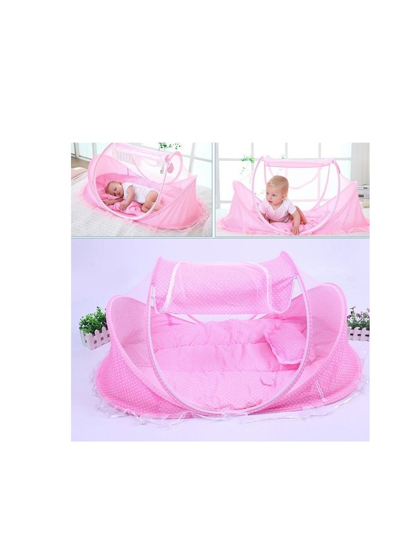 AS SEEN ON TV - Baby Mosquito Net Bed Portable Infant Tent Folding Soft Bed With Mattress Net Crib Pink - Image 1
