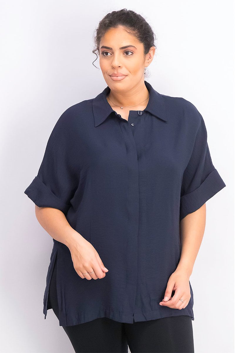 MANGO Women Spread Collar Flowy Short Sleeve Plain Top, Navy - Image 1