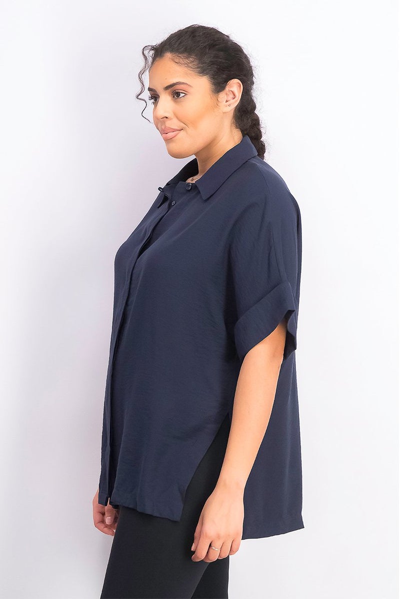 MANGO Women Spread Collar Flowy Short Sleeve Plain Top, Navy - Image 3