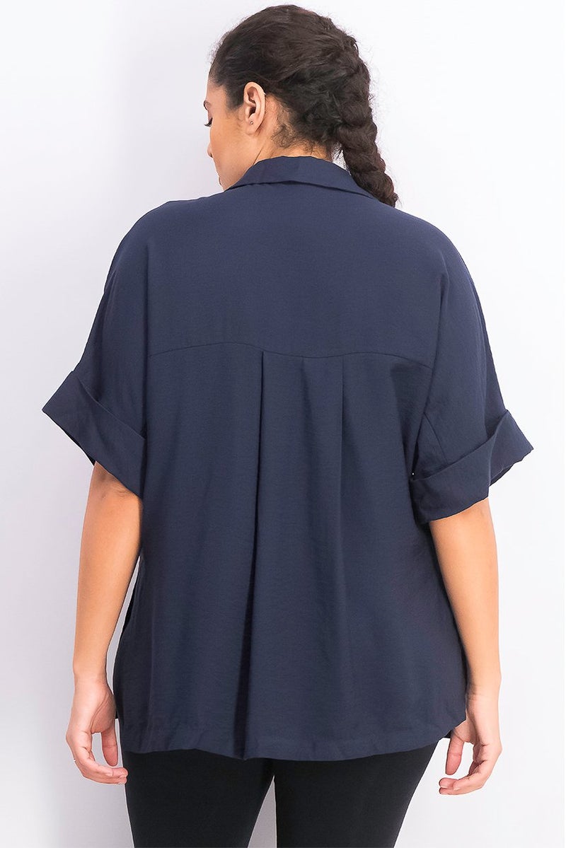 MANGO Women Spread Collar Flowy Short Sleeve Plain Top, Navy - Image 2