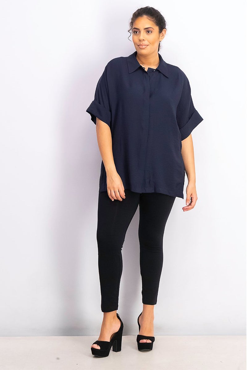 MANGO Women Spread Collar Flowy Short Sleeve Plain Top, Navy - Image 4