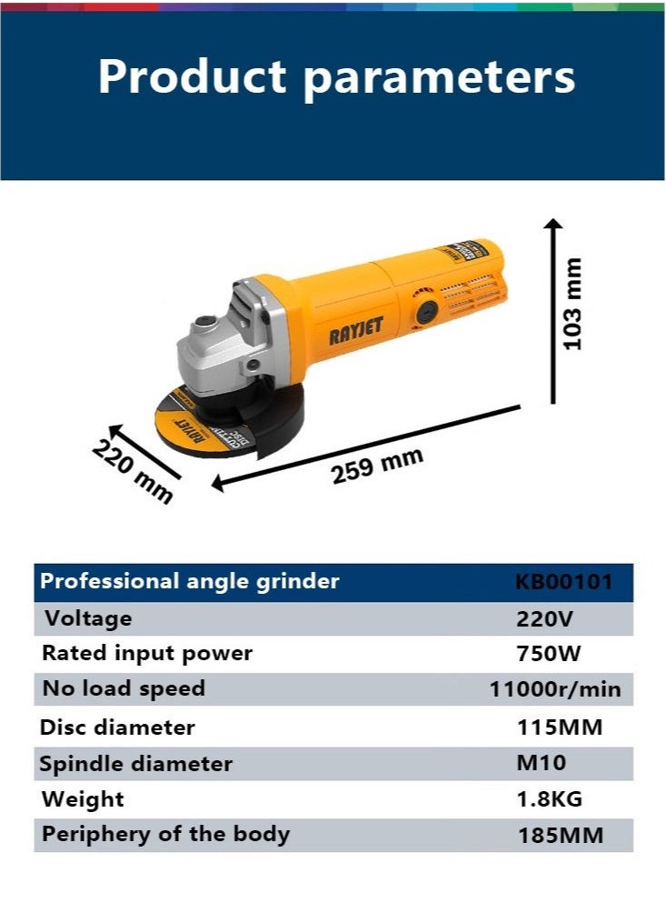 RAYJET - Professional Angle Grinder – 750W Powerful Motor, 115mm Disc, 11,000 RPM, Durable and Comfortable to Use - Image 1