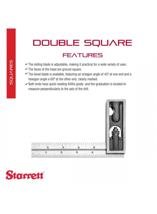 Starrett Steel Inch Reading Double Square with Hardened Graduated Blade - Ideal for Machinists, Toolmakers, Patternmakers - 6" Blade Length, 4R Graduation - 13C