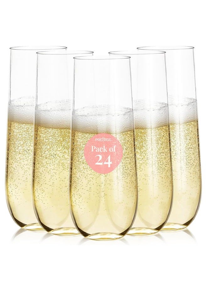 Prestee 24pk Stemless Plastic Champagne Flutes - 9 Oz | Clear Plastic Wine Glasses | Shatterproof Mimosa Bar Supplies | Disposable Cocktail Glasses | New Years Eve Party Supplies 2023 - Image 1