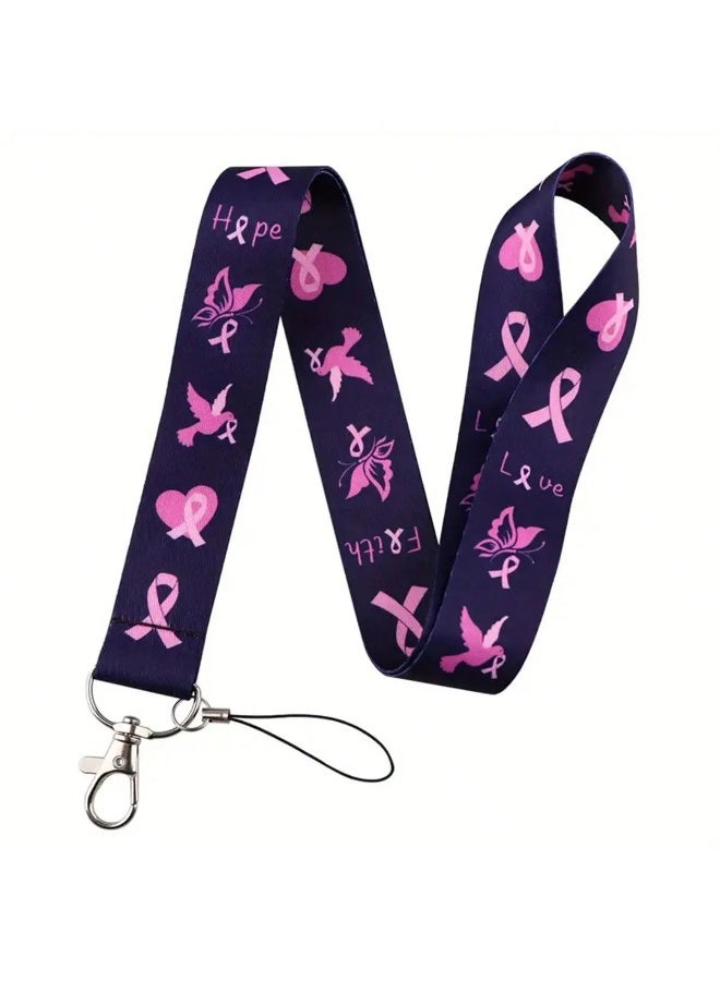 Breast Cancer Awareness Lanyard with Pink Ribbon Logo and Motivational Slogans – Neck Strap for ID Badges, Keys, and Devices - Image 1