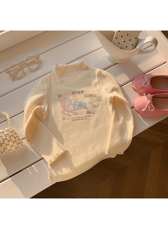 Spring New Girls' Half-turtleneck Ruffled Base Shirt Stylish Baby Girl Floral Thin Long-sleeve Top