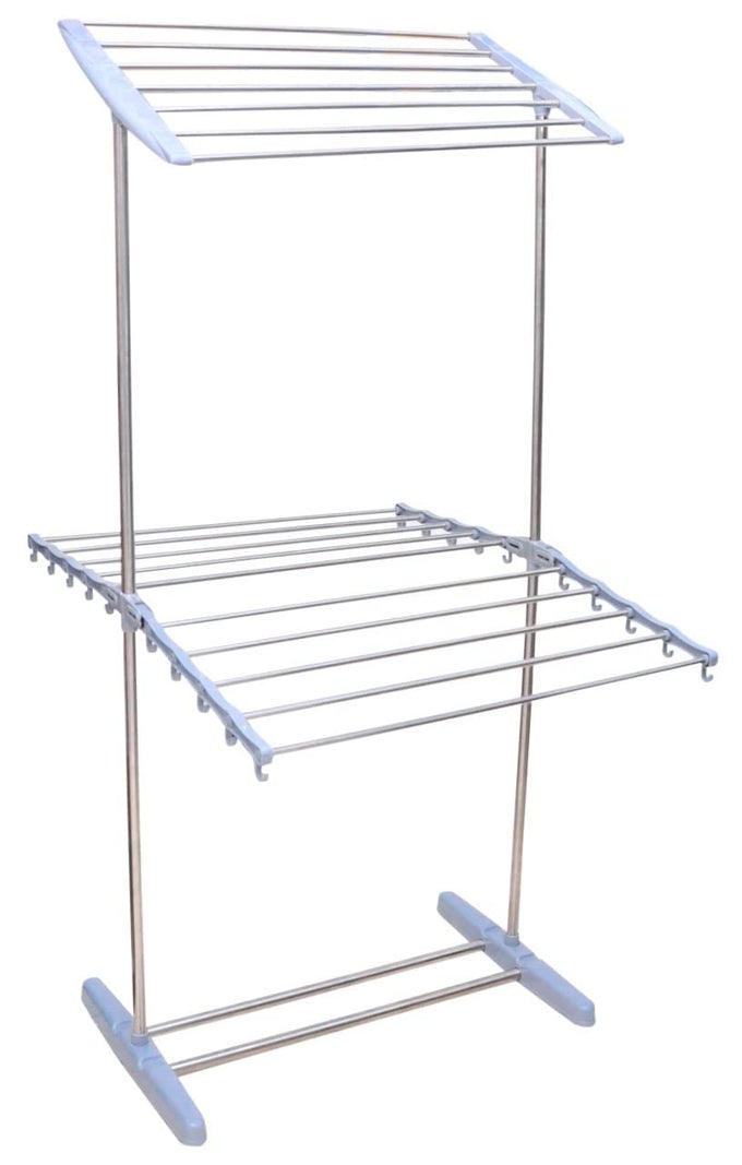 MULTIFUNCTIONAL PLASTIC WITH STAINLESS STEEL MOBILE TOWEL RACK BALCONY ROOM SAVE SPACE TOWEL CLOTH RACK HOLDER TOWEL STANDS DRYING RACK 2 LAYER CLOTHES DRYING STAND RACK 1PCS