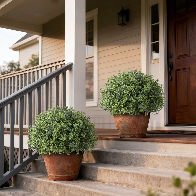 YXZZWL 2 Sets Artificial Rosemary Topiary Ball Trees for Front Door - UV Resistant Faux Outdoor Rosemary Bushes, Fake Spring/Summer Greenery Potted Plants for Farmhouse Garden Porch Outside Decor - Image 2