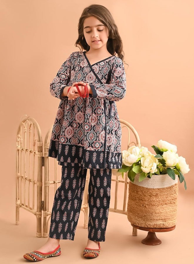 LILPICKS Ethnic Motif Printed Peplum Angrakha Kurta Palazzo Set for Girls (Multi Black) (4-5Y) - Image 3