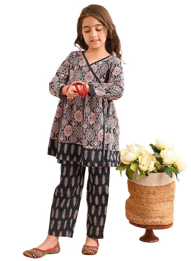 LILPICKS Ethnic Motif Printed Peplum Angrakha Kurta Palazzo Set for Girls (Multi Black) (4-5Y) - Image 1