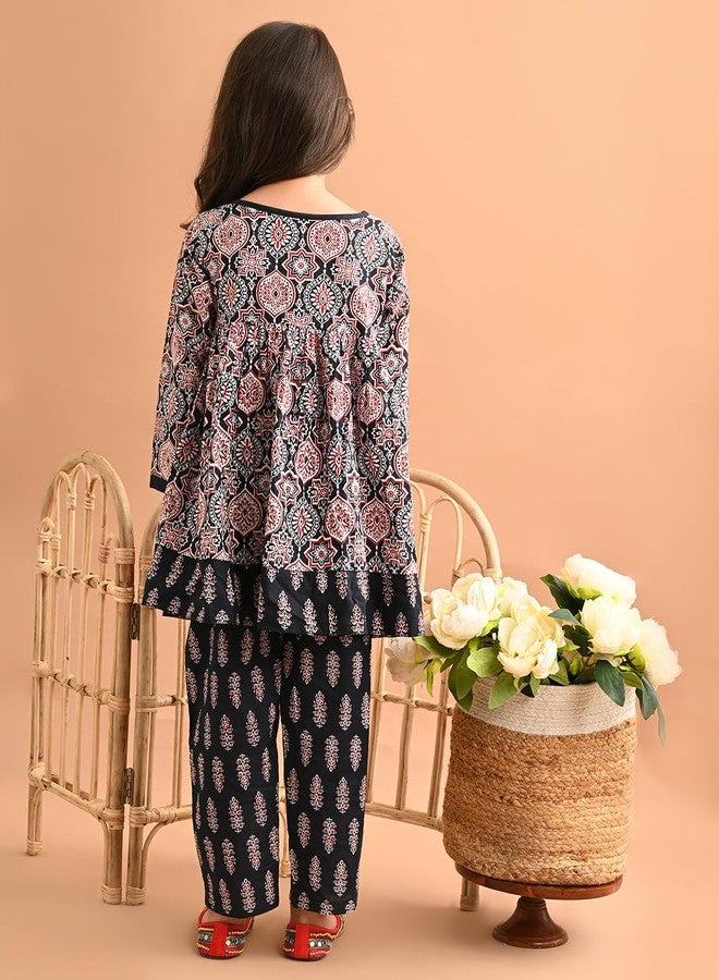 LILPICKS Ethnic Motif Printed Peplum Angrakha Kurta Palazzo Set for Girls (Multi Black) (4-5Y) - Image 5