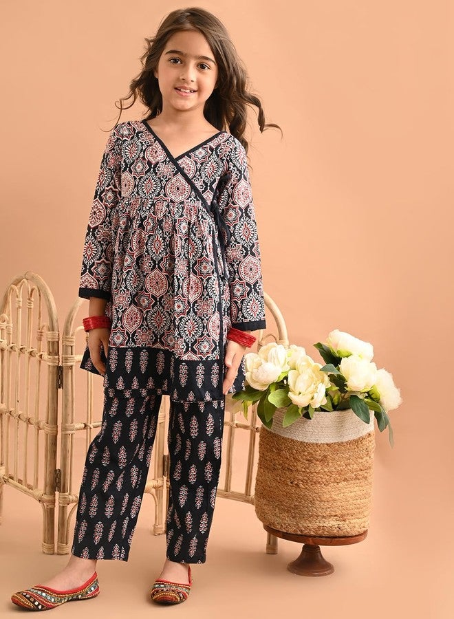 LILPICKS Ethnic Motif Printed Peplum Angrakha Kurta Palazzo Set for Girls (Multi Black) (4-5Y) - Image 4