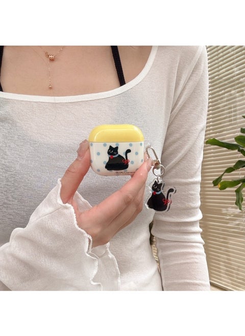 Personalized Blue Wave Point Black Cat For Apple AirPods1/2 Bluetooth Headset Pro Protective Cover 3/4 Soft Pendant-Color:Blue Polka Dot Black Cat + Pendant-Applicable Models:Airpods 3rd Generation