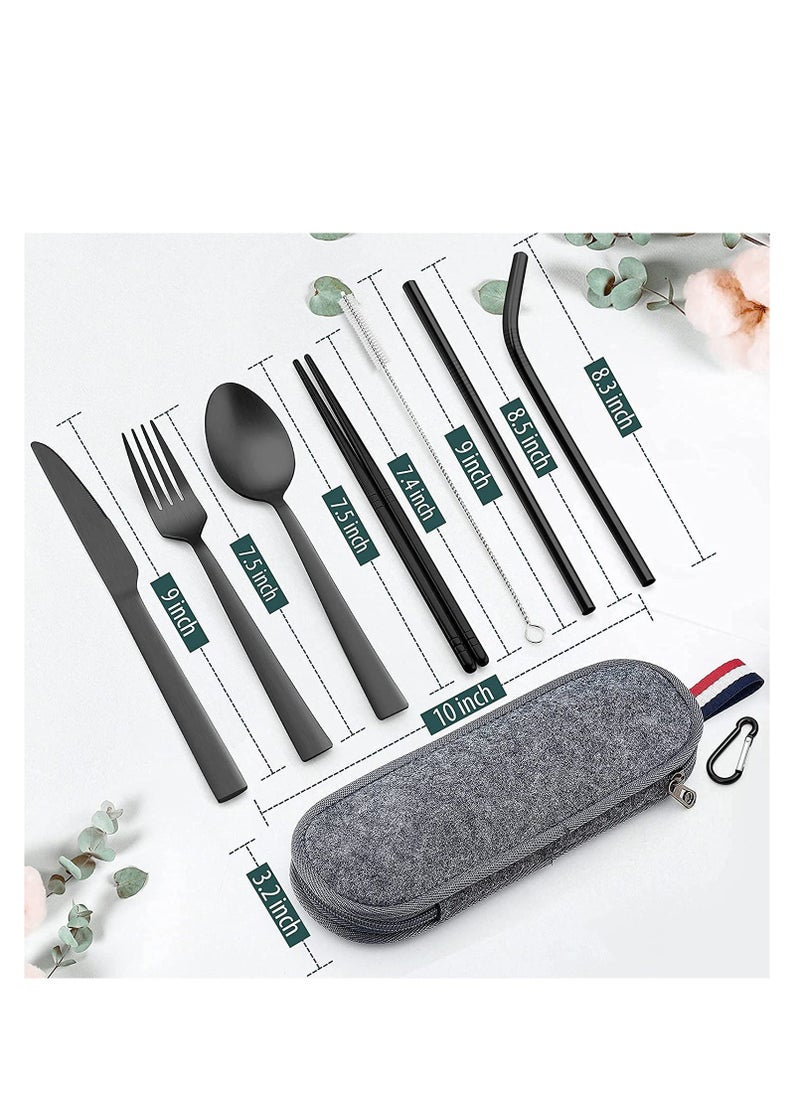 Excefore Matte Black Travel Equipment With Box Portable Stainless Steel Cutlery Reusable Camping Set Including Knife Fork Spoon Chopsticks Straw Cleaning Brush (8-Piece Set) - Image 4