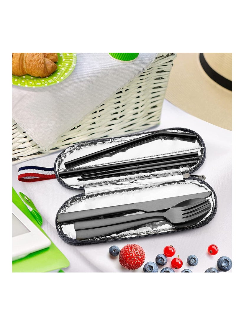 Excefore Matte Black Travel Equipment With Box Portable Stainless Steel Cutlery Reusable Camping Set Including Knife Fork Spoon Chopsticks Straw Cleaning Brush (8-Piece Set) - Image 5