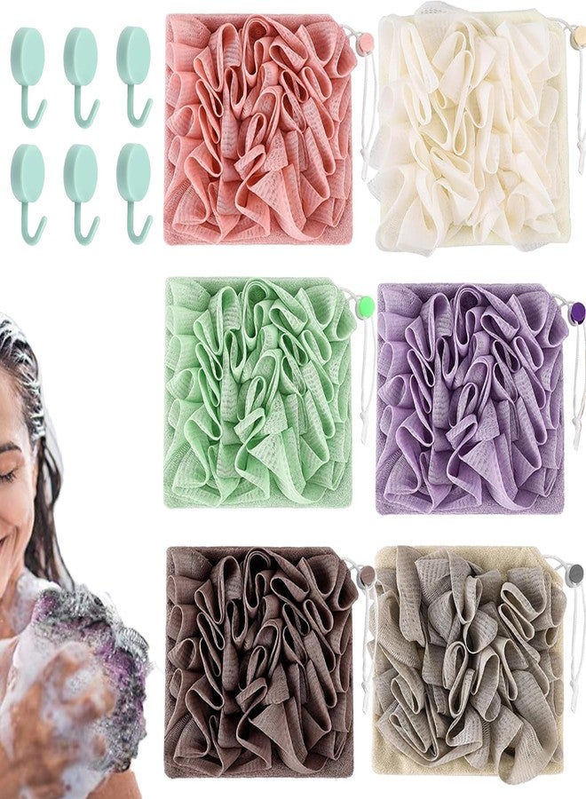 LZDGCC 6Pcs 2 in 1 Washcloth Loofah Combo, Bath Loofah Sponge with Drawstring, Holds Bar Soap Lofas for Shower Pouf, Loofahs for Women, Exfoliation Mesh Shower Puffs for Body Wash Cleansing & Smooth Skin - Image 1