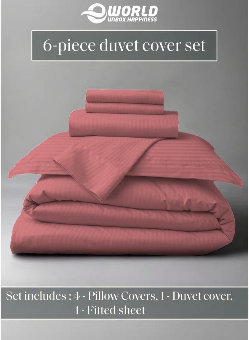إي وورلد طقم لحاف مخطط فاخر لجميع المواسم – طقم مكون من 6 قطع باللون الوردي الغباري | مقاس كينغ 220×240 سم | فائق النعومة، مقاوم للتجاعيد وصُنع في دبي | يشمل غطاء لحاف، ملاءة مطاطية (200×200 سم) و4 أغطية وسائد (50×70 سم) - Image 4