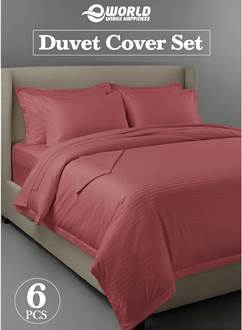 إي وورلد طقم لحاف مخطط فاخر لجميع المواسم – طقم مكون من 6 قطع باللون الوردي الغباري | مقاس كينغ 220×240 سم | فائق النعومة، مقاوم للتجاعيد وصُنع في دبي | يشمل غطاء لحاف، ملاءة مطاطية (200×200 سم) و4 أغطية وسائد (50×70 سم) - Image 1