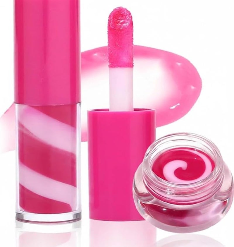 Twisted Mini Lip Gloss+Jelly Lip Balm Set, Plumping Moisturizing Smooth Soft Glossy Finish Flavored Lip Care Kit Makeup for Women Girls, Hydrating Long Lasting Pink Tinted Lip Glaze-03 - Image 1