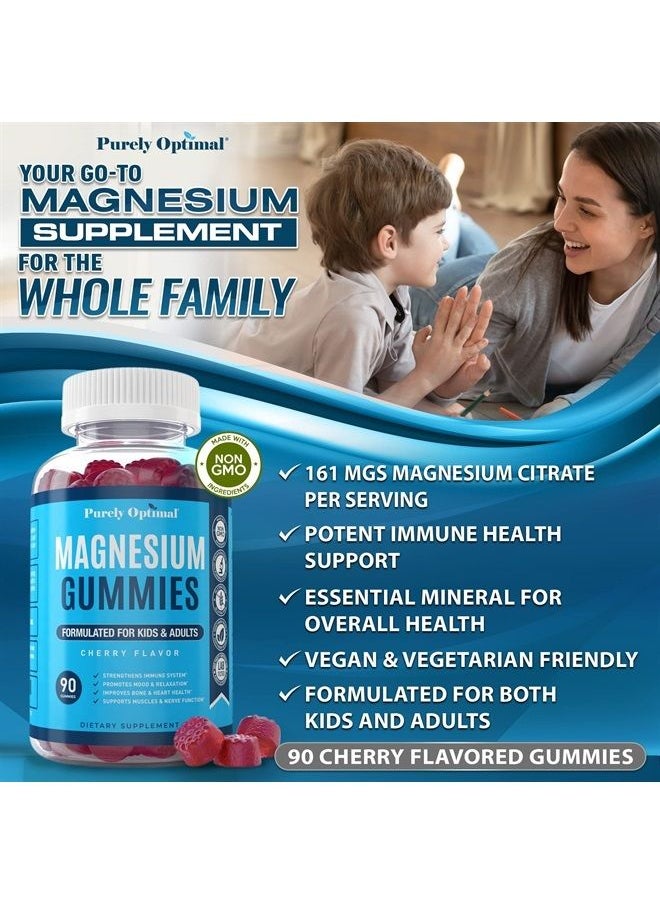 Purely Optimal - Premium Magnesium Gummies Kids & Adults - Magnesium Citrate for Digestion Support, Calm, Bone & Heart Health, Muscle & Nerve Support - Magnesium Supplement, 90 Gummies - Image 1