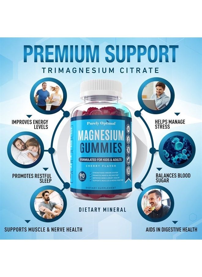 Purely Optimal - Premium Magnesium Gummies Kids & Adults - Magnesium Citrate for Digestion Support, Calm, Bone & Heart Health, Muscle & Nerve Support - Magnesium Supplement, 90 Gummies - Image 1