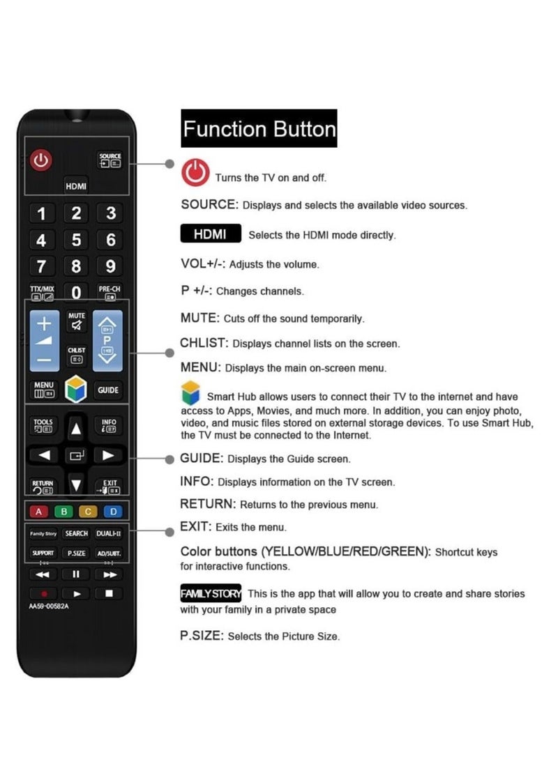 Generic - Remote Control Compatible Replacement for Samsung AA59-00582A Remote, Applicable AA59-00638A AA59-00790A AA59-00580A AA59-00581A AA59-00594A (Smart TV/HDTV/LCD/LED/TV) - Image 1