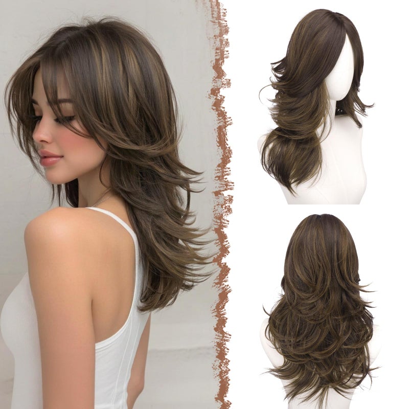 FESHFEN Brown with Highlights Wavy Layered Wig with Curtain Bangs for Women, 20 Inch Long Synthetic Natural Looking Middle Part Hair Wig For Costume Party Daily Use - Image 1