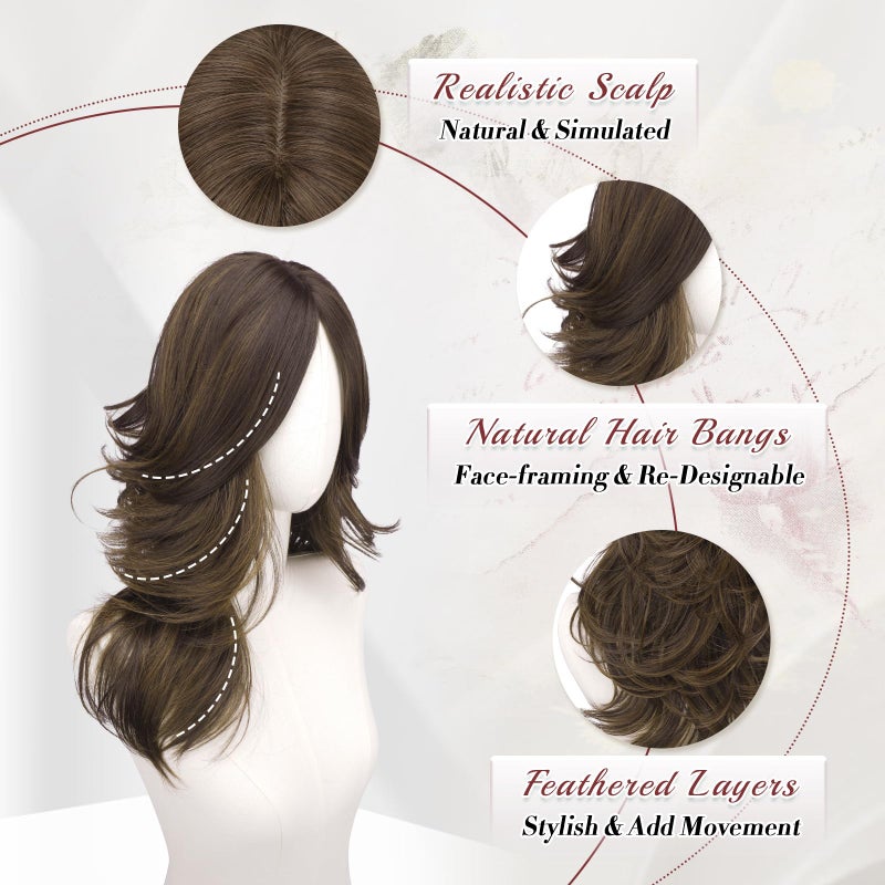 FESHFEN Brown with Highlights Wavy Layered Wig with Curtain Bangs for Women, 20 Inch Long Synthetic Natural Looking Middle Part Hair Wig For Costume Party Daily Use - Image 4