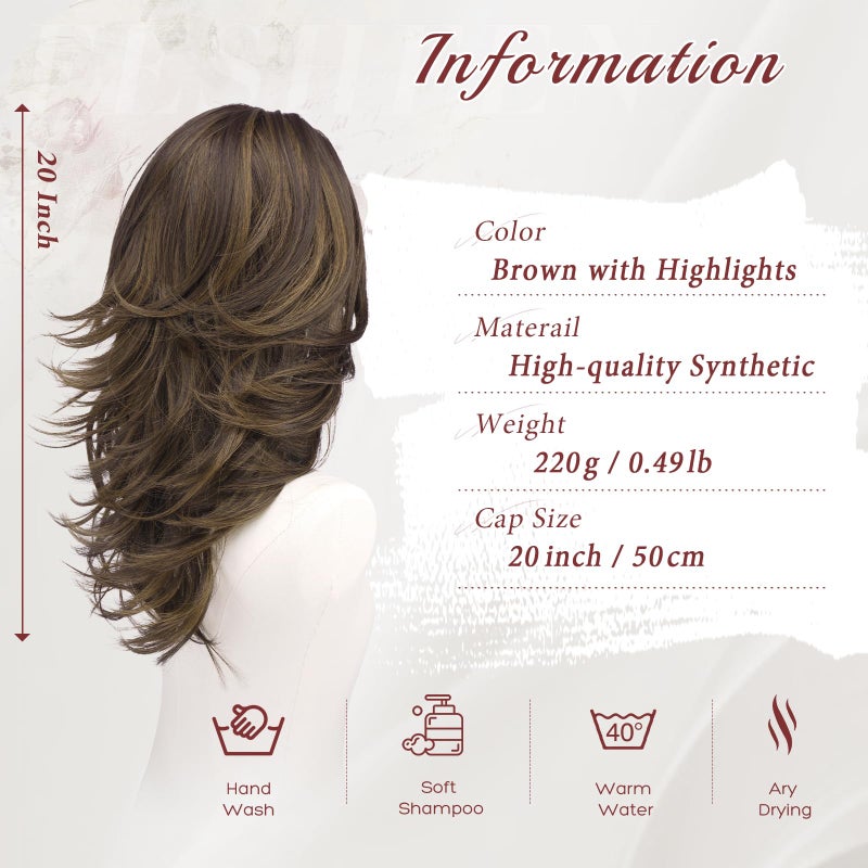 FESHFEN Brown with Highlights Wavy Layered Wig with Curtain Bangs for Women, 20 Inch Long Synthetic Natural Looking Middle Part Hair Wig For Costume Party Daily Use - Image 3
