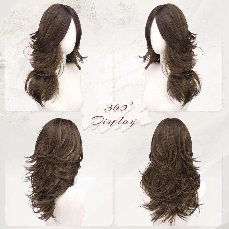 FESHFEN Brown with Highlights Wavy Layered Wig with Curtain Bangs for Women, 20 Inch Long Synthetic Natural Looking Middle Part Hair Wig For Costume Party Daily Use - Image 2