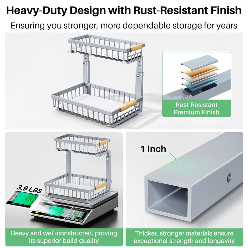 Kitstorack Under Sink Organizer, 2 Tier Under the Sink Storage, Slide out Pull out Cabinet Organizer Shelf, Metal Sliding Drawer for Kitchen Bathroom Pantry Closet Organization Rack, Grey, 2 Pack - Image 5