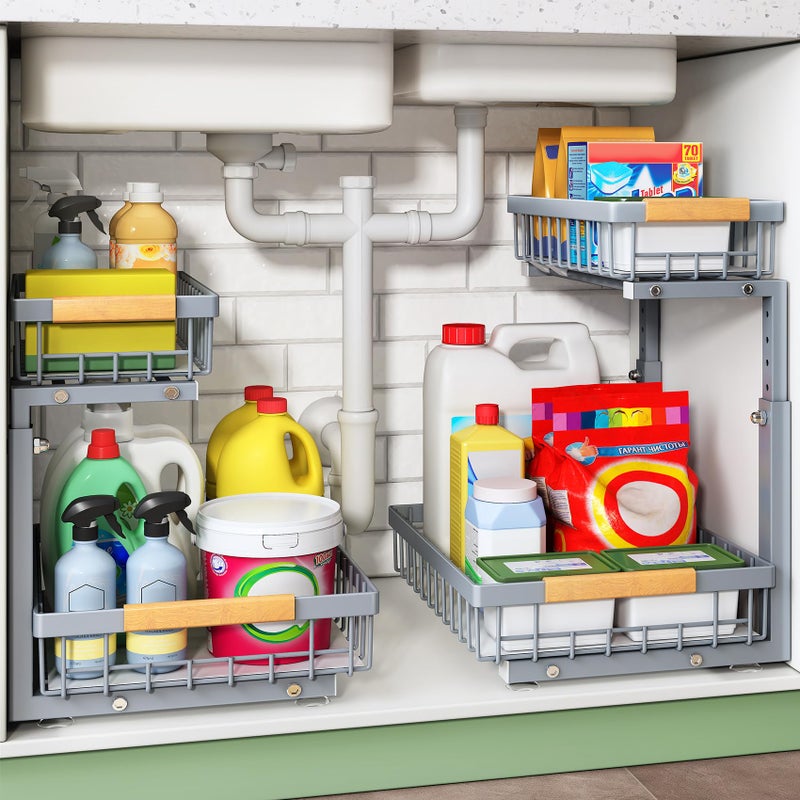 Kitstorack Under Sink Organizer, 2 Tier Under the Sink Storage, Slide out Pull out Cabinet Organizer Shelf, Metal Sliding Drawer for Kitchen Bathroom Pantry Closet Organization Rack, Grey, 2 Pack - Image 1
