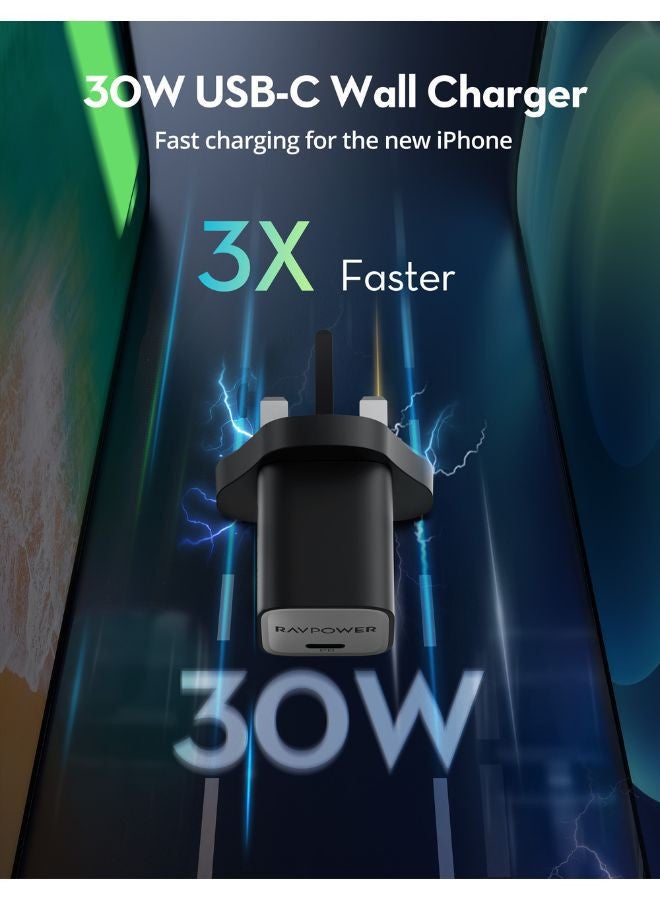 راف باور شاحن حائط USB-C بتقنية GaN بقوة 30 واط، شاحن متوافق مع PD 3.0 و QC 3.0 لجهاز iPhone و iPad و لابتوب USB-C - Image 2