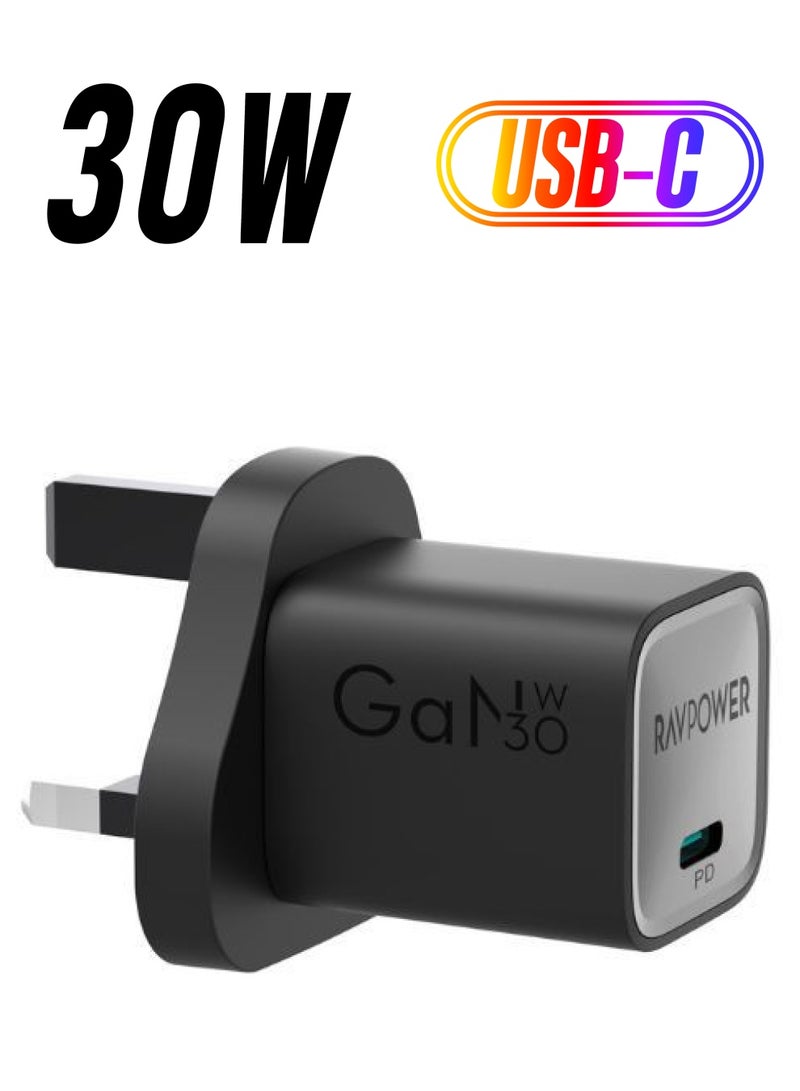 راف باور شاحن حائط USB-C بتقنية GaN بقوة 30 واط، شاحن متوافق مع PD 3.0 و QC 3.0 لجهاز iPhone و iPad و لابتوب USB-C - Image 1