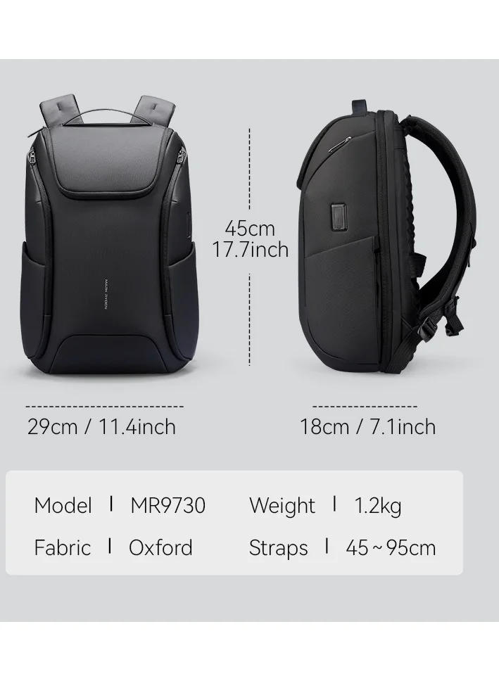 مارك رايدن مارك رايدن MR-9730 حقيبة كمبيوتر محمول رمادية للرجال - تناسب 15.6-17.3 بوصة، منفذ شحن USB، مضاد للسرقة RFID، حقيبة سفر أكسفورد مقاومة للماء - سلسلة FUTURE