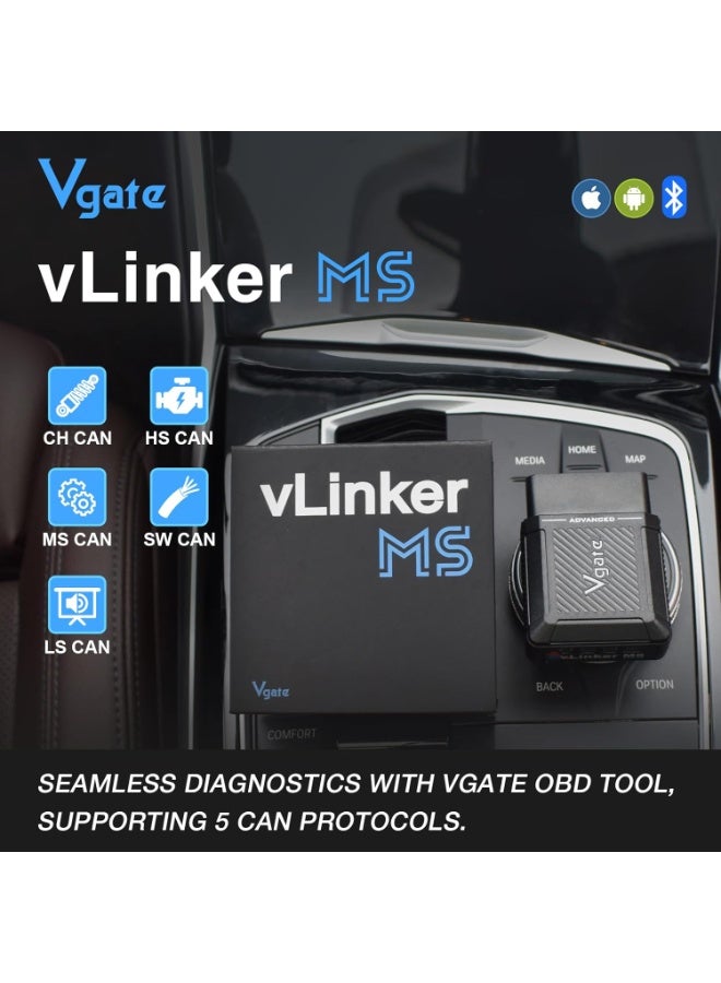 في جايت أداة فحص السيارات Vgate vLinker MS 2026 Bluetooth OBD2 لأجهزة iPhone/iOS و Android و Windows، تدعم بروتوكولات CAN المتعددة (GMLAN، MS CAN، CH CAN، LS CAN) - Image 2