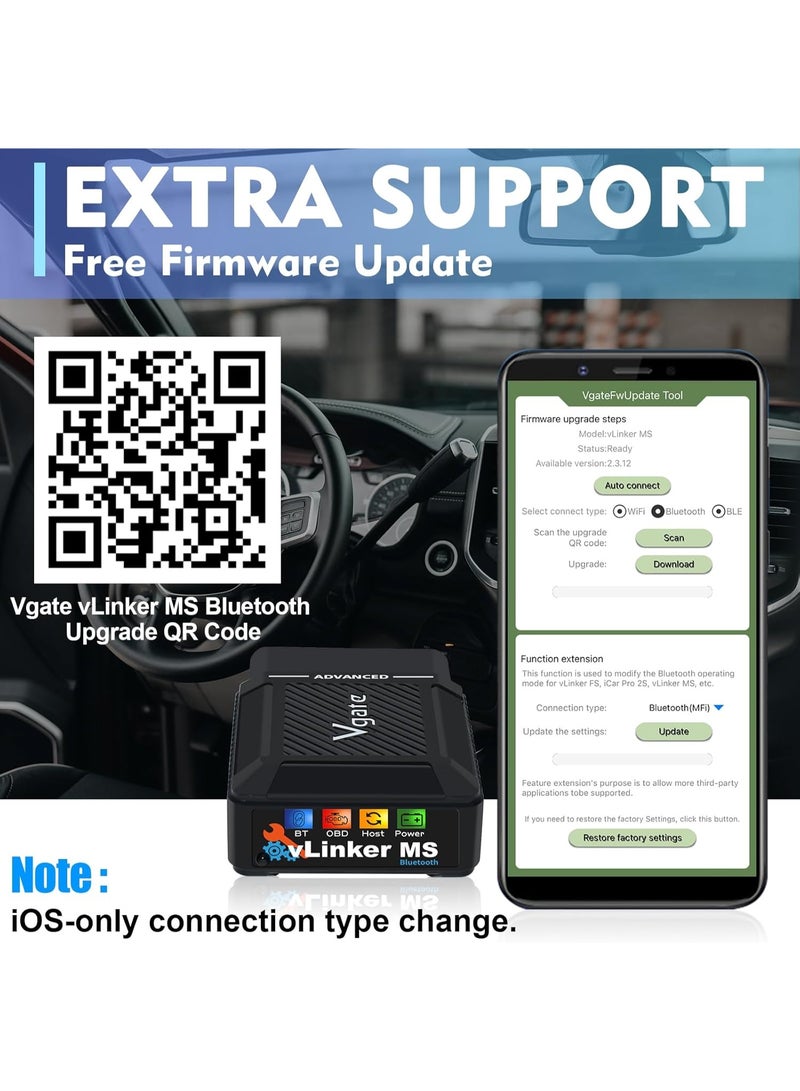في جايت أداة فحص السيارات Vgate vLinker MS 2026 Bluetooth OBD2 لأجهزة iPhone/iOS و Android و Windows، تدعم بروتوكولات CAN المتعددة (GMLAN، MS CAN، CH CAN، LS CAN) - Image 3