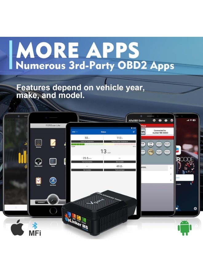في جايت أداة فحص السيارات Vgate vLinker MS 2026 Bluetooth OBD2 لأجهزة iPhone/iOS و Android و Windows، تدعم بروتوكولات CAN المتعددة (GMLAN، MS CAN، CH CAN، LS CAN) - Image 5