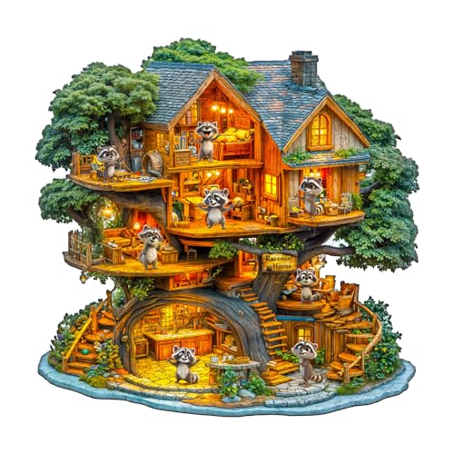 AEEKDOOK Wooden Puzzles for Adults Raccoon House Wood Puzzles Adult Unique Animal Shape Wooden Jigsaw Puzzles for Adults Birthday Gifts for Puzzle Lovers Family 114 112in 200 Pieces - Image 1