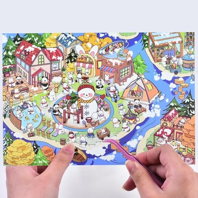 4 SETS DIY LARGE SIZE FOUR SEASONS THEME RABBIT TOWN HOUSE STICKER SCENES WITH TWEEZER, 3D FUN CUTE MICRO ROOM STICKERS FOR STRESS RELIEF AND CREATIVITY - Image 4