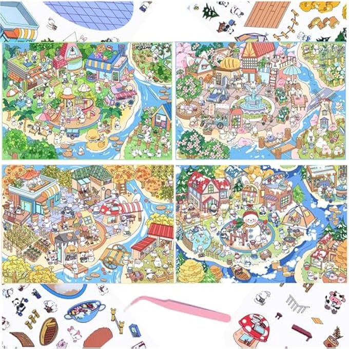 4 SETS DIY LARGE SIZE FOUR SEASONS THEME RABBIT TOWN HOUSE STICKER SCENES WITH TWEEZER, 3D FUN CUTE MICRO ROOM STICKERS FOR STRESS RELIEF AND CREATIVITY - Image 1