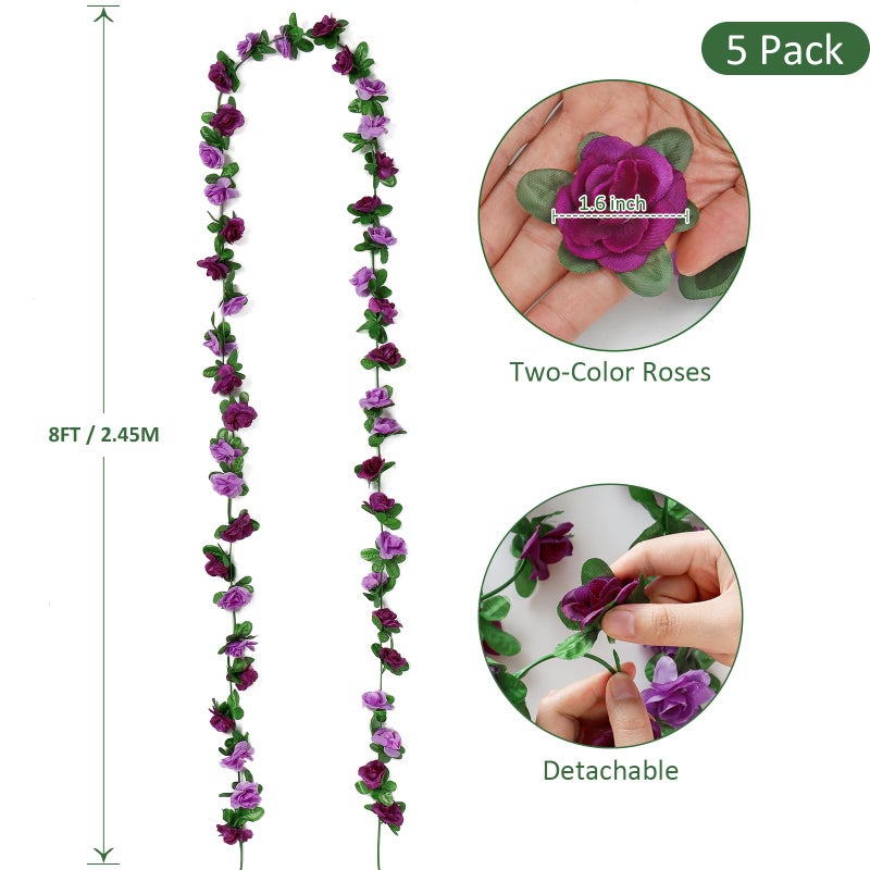KHOYIME 5 Pack 40 FT Artificial Flower Garland, Fake Purple Roses Vines Silk Flowers Faux Plastic Outdoor Hanging Floral Ivy Garland Decoration for Wedding Arch Bedroom Home Wall Backdrop Room Decor - Image 3